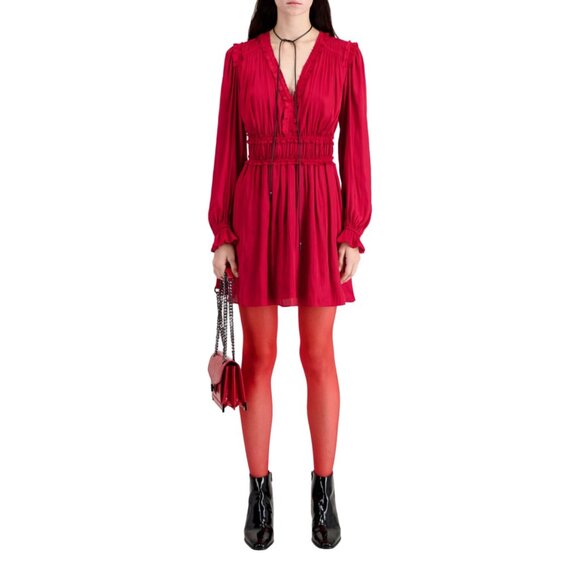 The Kooples Red Long Sleeve Mini Dress Elastic Waist Ruffled Viscose Sz US 8 - Picture 13 of 15